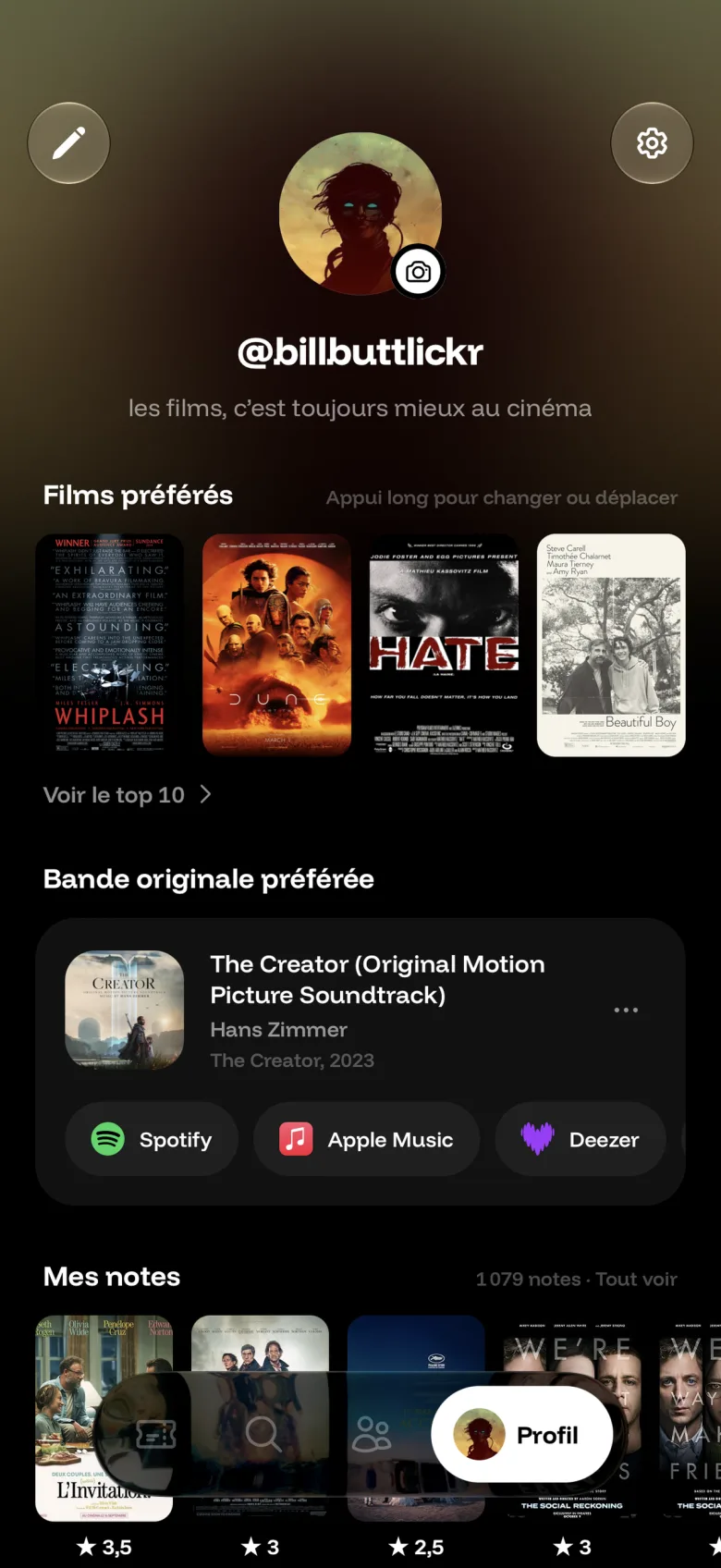 Ton profil : films préférés, bande originale, tes notes
